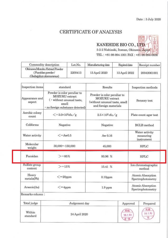 Vì sao nên dùng Kibou Fucoidan ngăn ngừa di căn? Giấy kiểm định chất lượng Quốc tế COA