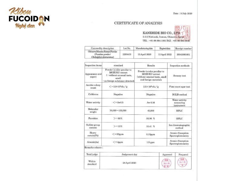 Fucoidan loại nào tốt nhất? 9 tiêu chí lựa chọn sản phẩm Giấy chứng nhận COA kiểm định nguyên liệu